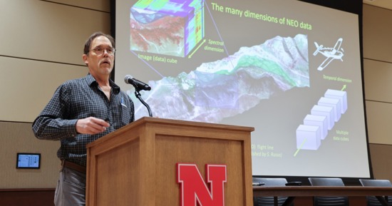  John Gamon, a professor with the School of Natural Resources, addresses the Harnessing the Heartland conference and explains the Nebraska Earth Observatory, which uses advanced airborne sensors to study ecosystem function and vegetation distribution, biodiversity and physiology. (Russell Shaffer/Rural Prosperity Nebraska)